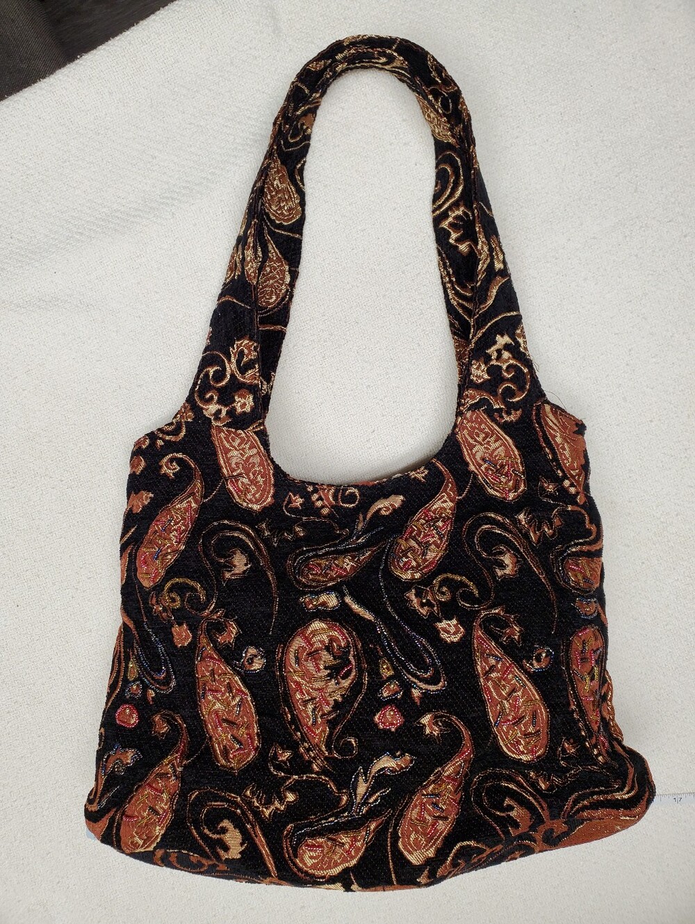 Paisley Tapestry Beaded Shoulder Bag Black Brown Gold Boho Vintage Hobo Purse
